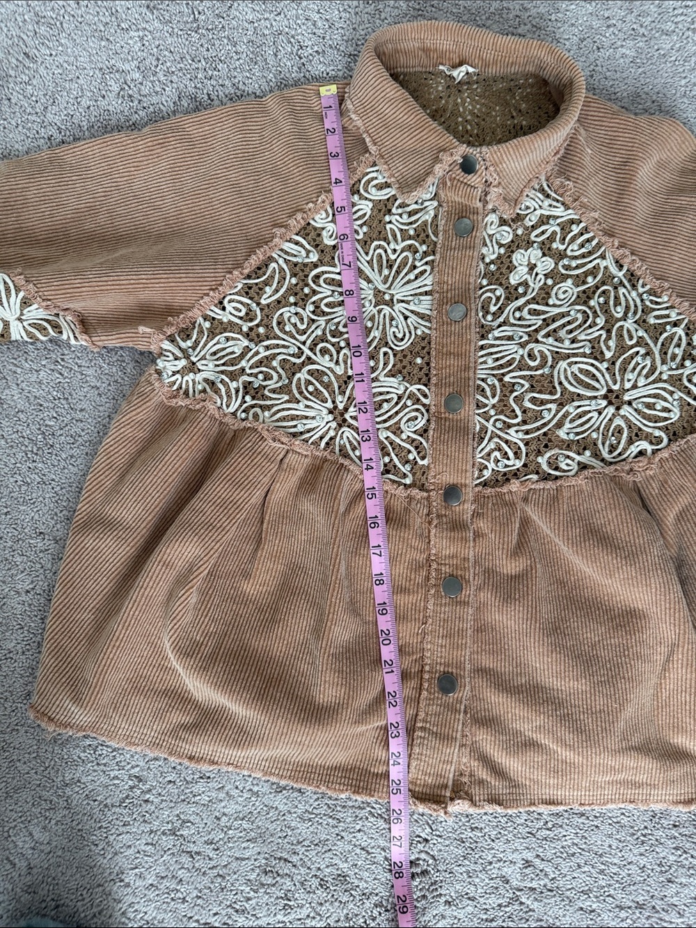 POL Tan Corduroy Button-Down Shirt with Cream Lace Detail - Picture 16 of 16